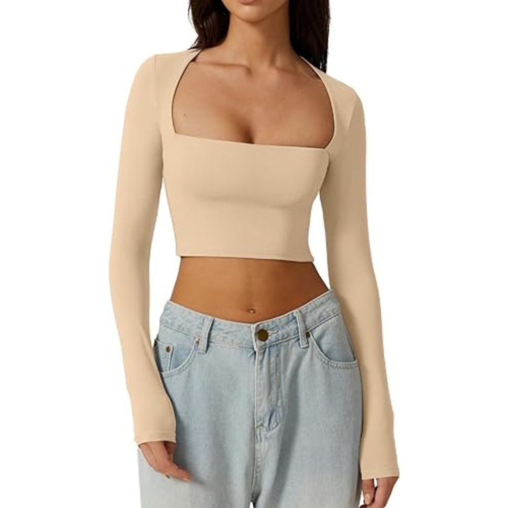 Women's Sexy Square Neck Crop Top Long Sleeve  Slim Fit Cropped T Shirts